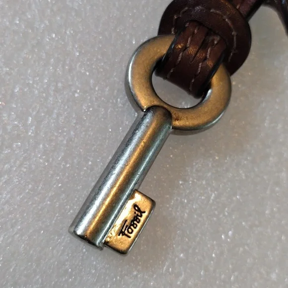 Fossil Brown Leather Necklace with Silver Key Pendant - Picture 2 of 4